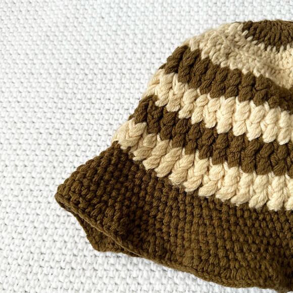 Handmade Crochet Brown Beige Tan Stripe Bucket Hat One Size Boho - Picture 5 of 10